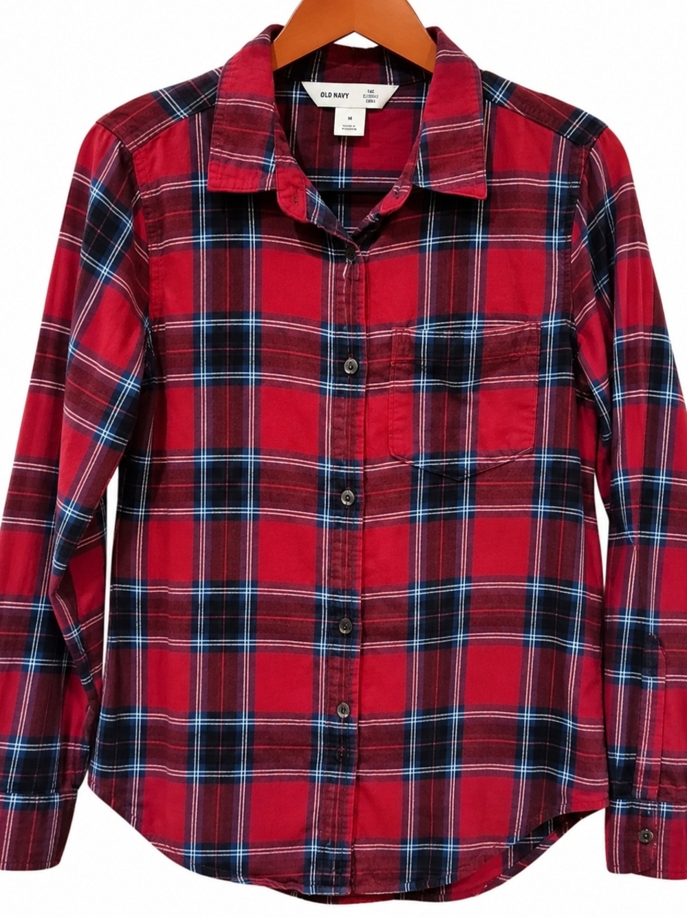 Old Navy The Classic Shirt Women’s M Red Navy Plaid Button Down - Picture 4 of 5